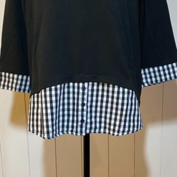 Apt. 9 Three-Quarter Sleeve Black Top with Gingham Detail (Size Large) - Picture 3 of 5